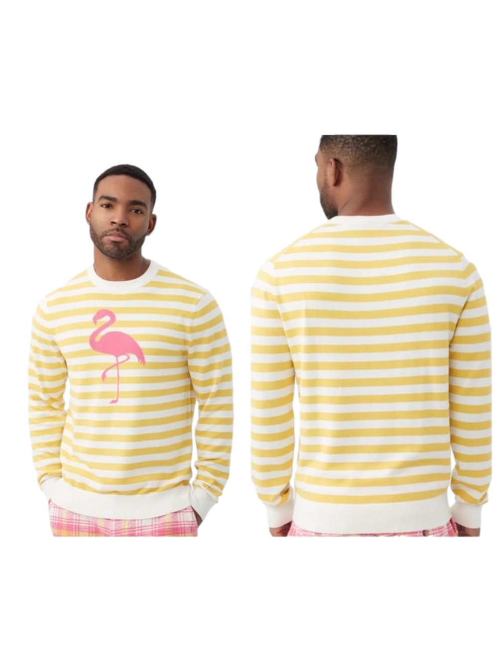 🐾MR TURK James crewneck Yellow and White Striped Flamingo Sweater size L NWT..